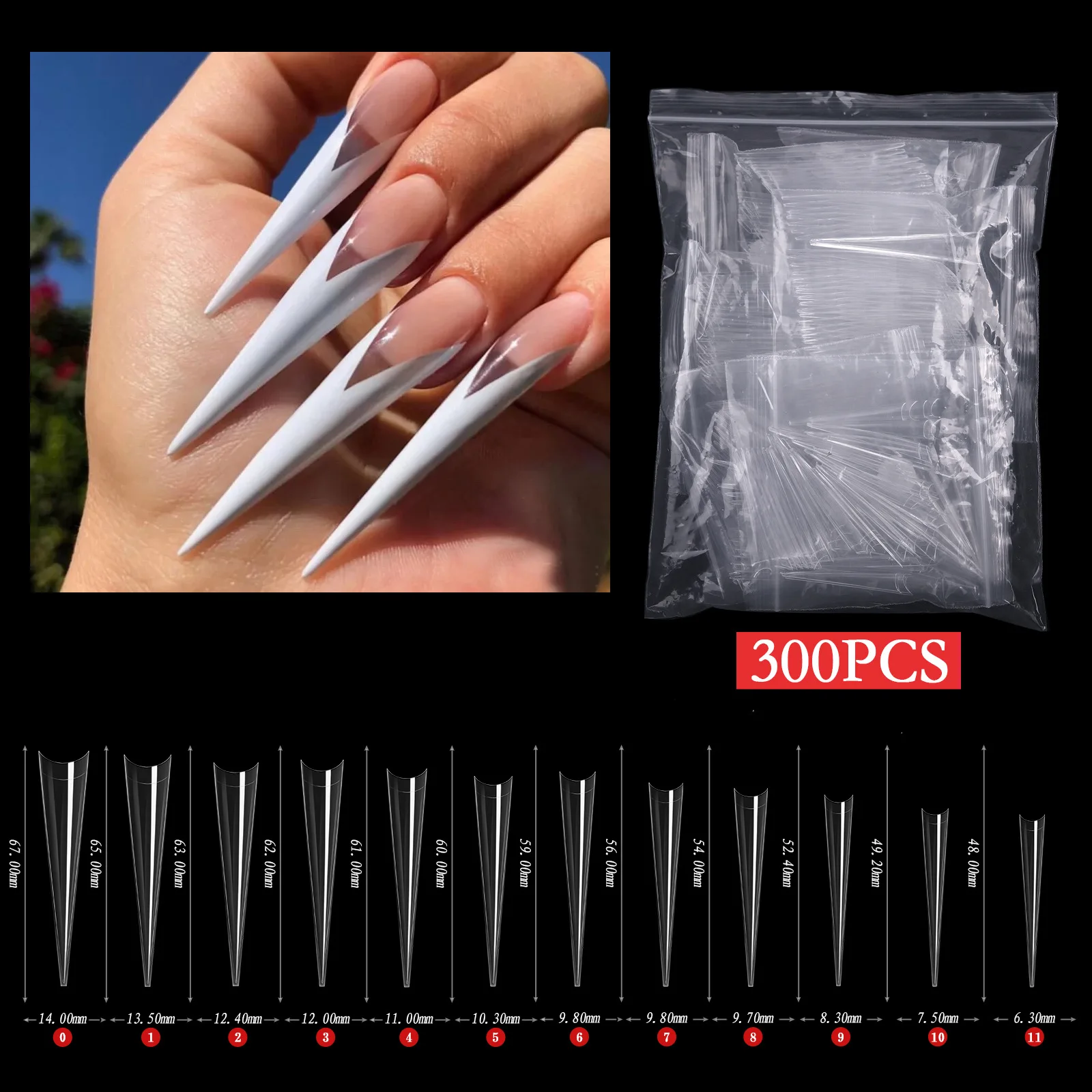 XXXL New Coming 10 Sizes 500Pcs Long Stiletto Soft Gel Nail Tips Full Cover Super Long Sharp Armor Clear Natural Nail Tips