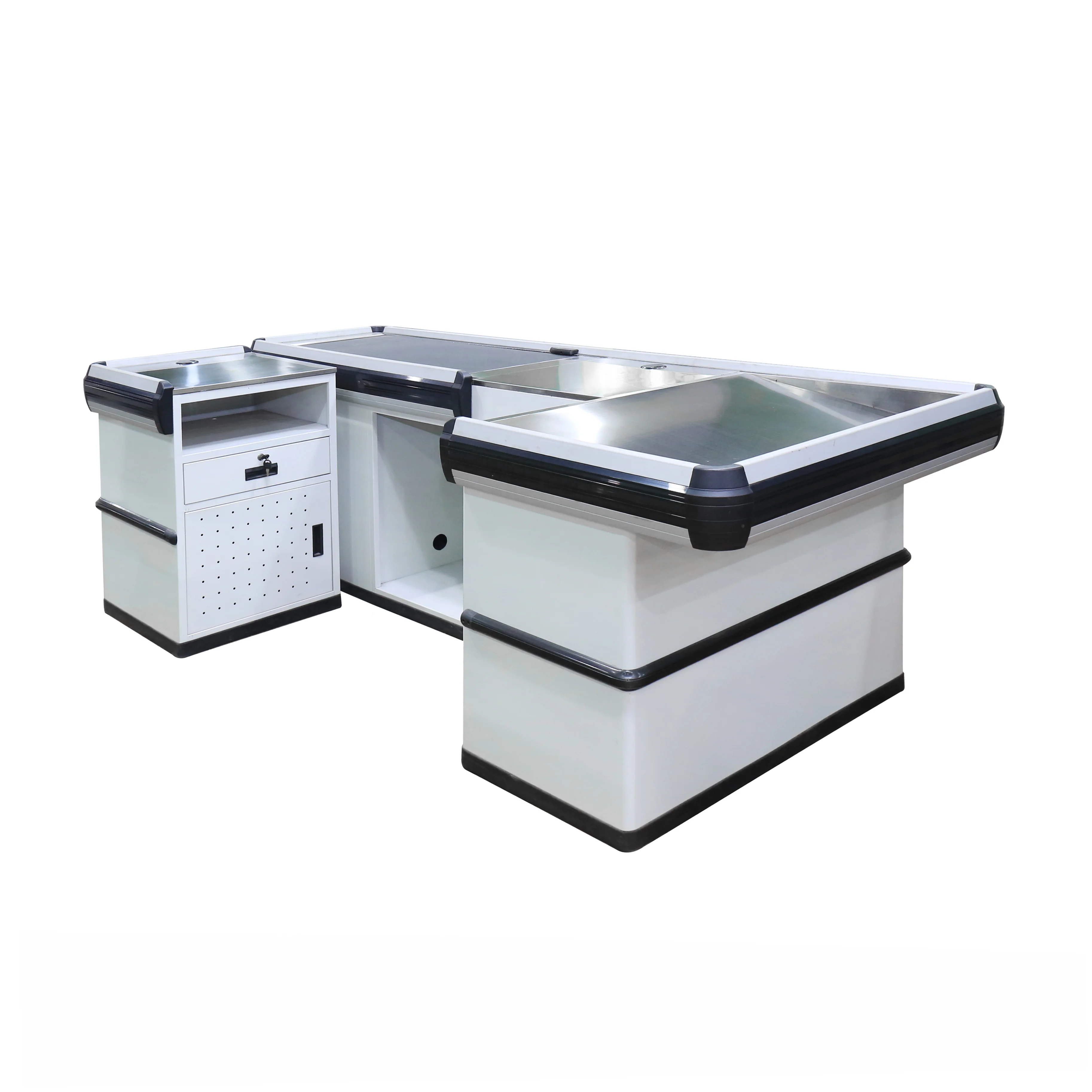 Electric Metal Supermarket Cashier Counter/Cashier Desk/Checkout Counter With Conveyor Belt Retail Store Checkout Counter