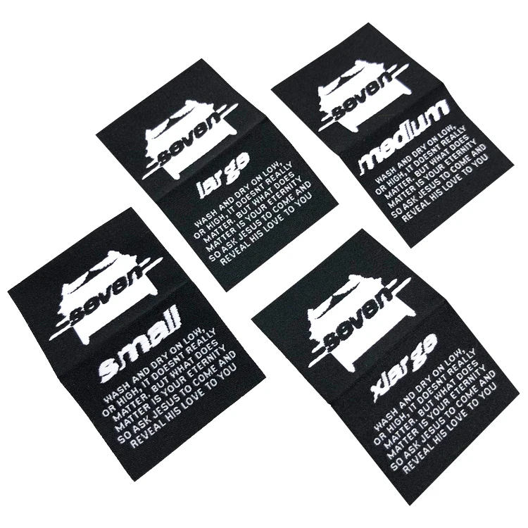 Wholesale Custom Center Fold Clothing Labels Black Brand Woven Size Label Woven Tags Labels For Clothing