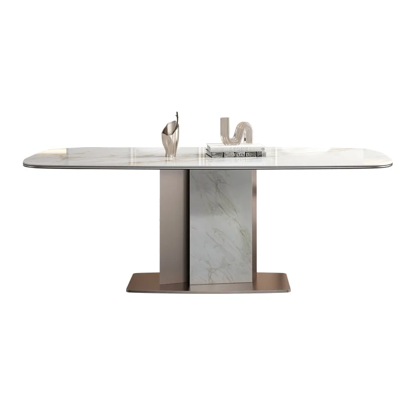 White Top Dining Table Set Rectangle Marble Dining Table Dining Room Furniture Titanium Steel Rock Board Material