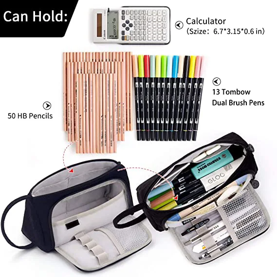 Large Capacity Pencil Bag Double Zippers Pen Bag with Compartments Pencil Pouch Pencil Case for School Students