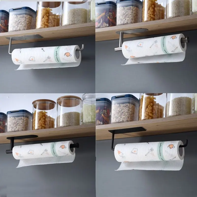 Kitchen Bathroom Wall Mounted Adhesive Paper Towel Hanger Under Cabinet Rust-proof Paper Towel Holder Black