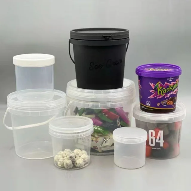 white clear plastic bucket with plastic handle