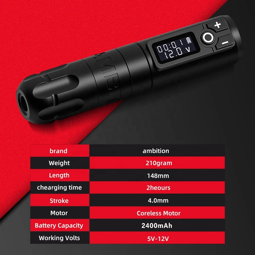 Ambition Soldier 2400mAh Digital Display Powerful Motor Professional Rotary Wireless Tattoo Pen Machine Gun for Artists Body Art