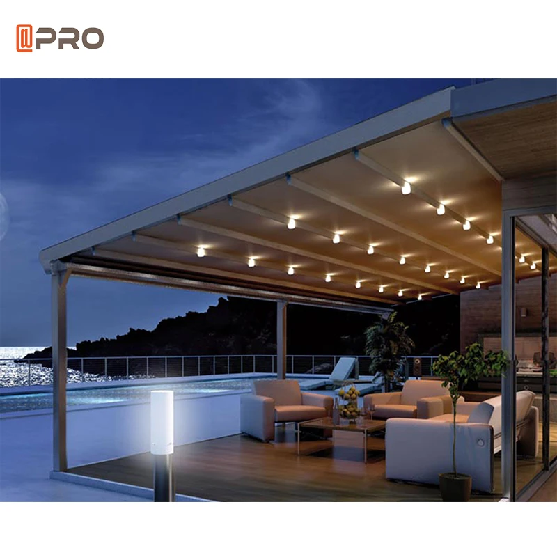 Aluminium Bioclimatic Remote Control Motorized Pvc Roof  Outdoor Pavilion Retractable Pergola with light