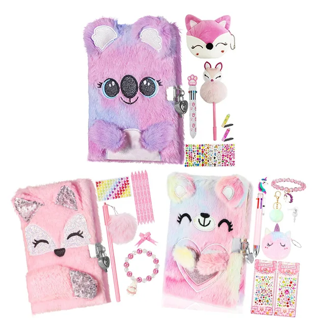 Plush Notebook Set Glitter Diary With Lock for Kids Embroidery Journal School Notepad Gel Pen Key Rings Gift