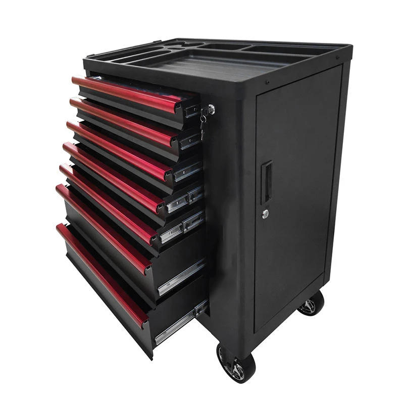 Auto repair lockable seven-drawer red tool cabinet with five hand tool sets for garage storage