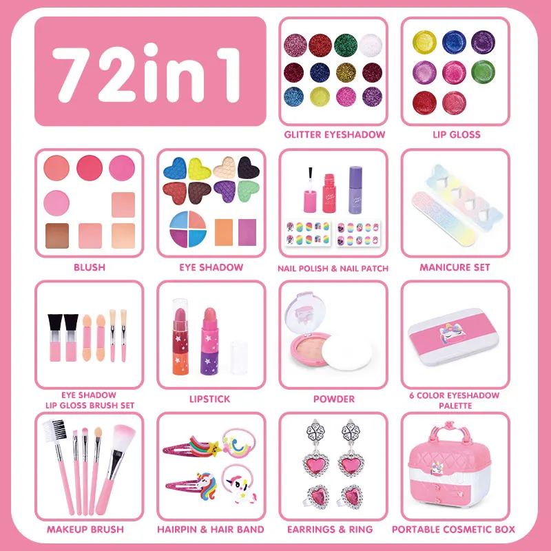 72PCS Kids Makeup Kit Washable Real Make Up Set Pretend Play Preschool for Kids Girl With Makeup Tools Brush Set