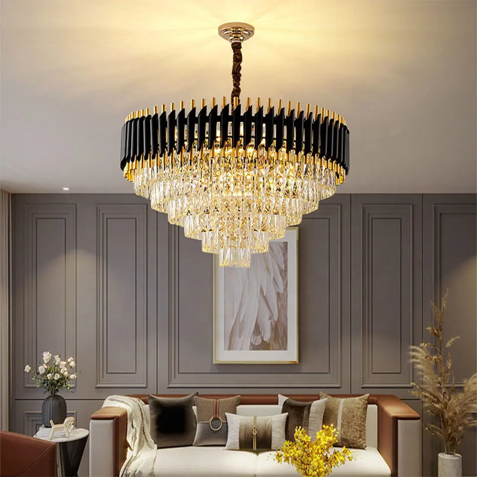 Modern vintage long living room bedroom big led luxury hotel k9 crystal black antique chandelier lighting