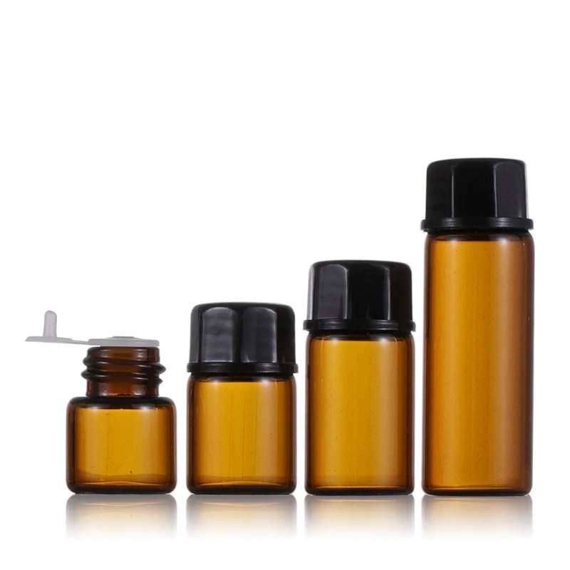 1/2/3/5ml Mini Bottle Empty Glass Plastic Amber Essential Oil Bottle with Orifice Reducer Brown Vials