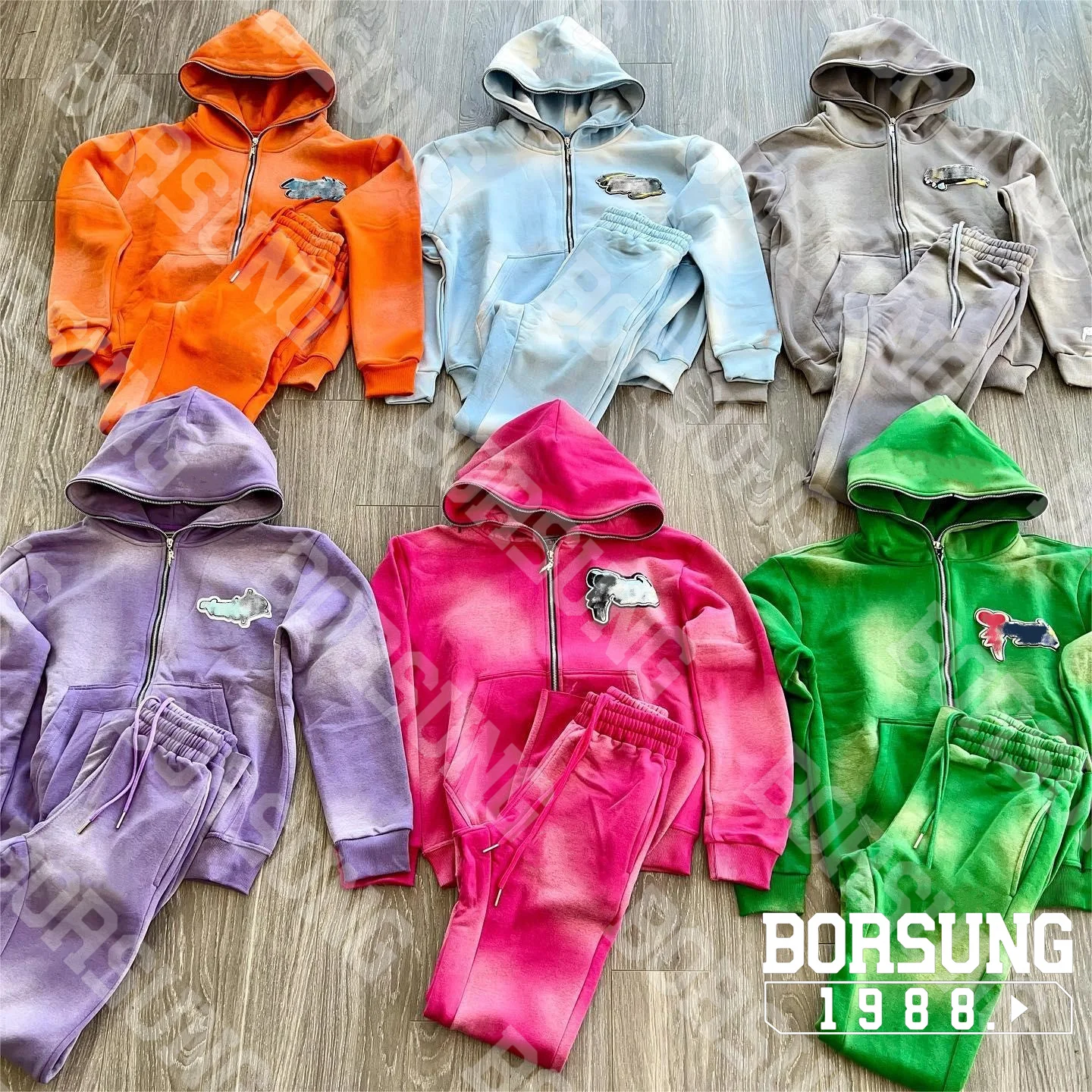High Quality OEM Custom Windbreaker Wholesale Acid Wash Silk Screen Printed Logo Full Zip Up Two Piece Set 100% Cotton Tracksuit