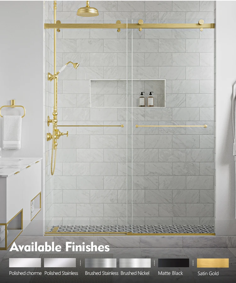 Stock In USA Luxury Stainless Steel hardware Tempered Glass sliding Shower Door with handle