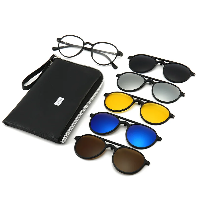 2309A   Eyewear Spectacle Frame With 5 Sunglass Clips Magnetic Clip On Glasses