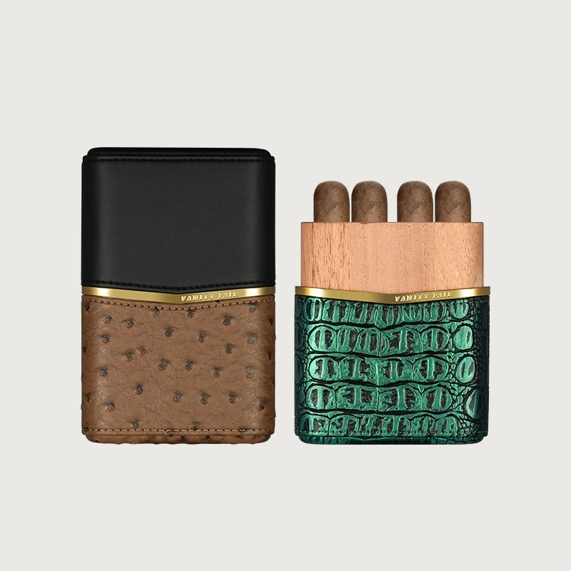 Luxury 4 Fingers Cedar Wood Leather Cigar Accessories travel cigar case Travel Humidor