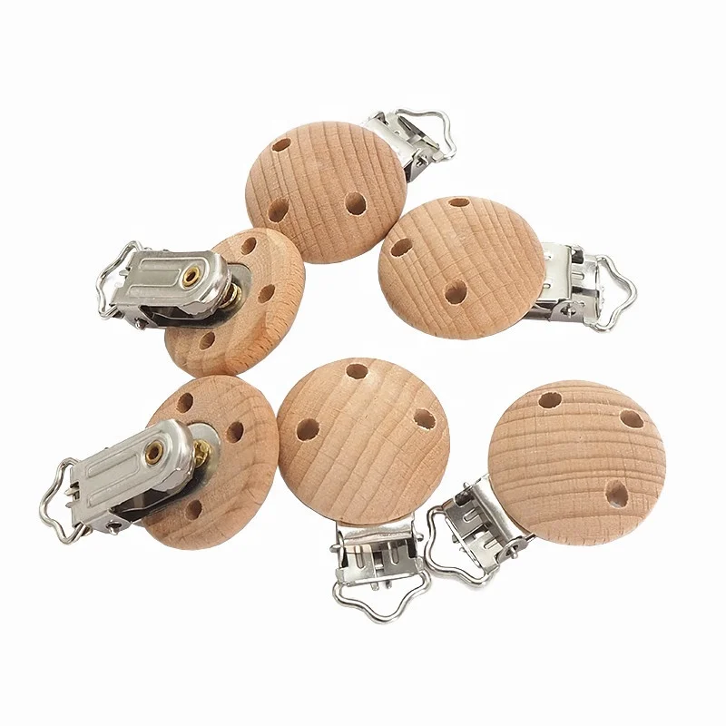 Wholesale Beech Wood Pacifoer Clip Round Infant Soother Clasps Holders Accessories Toy Wood Pacifier Clip