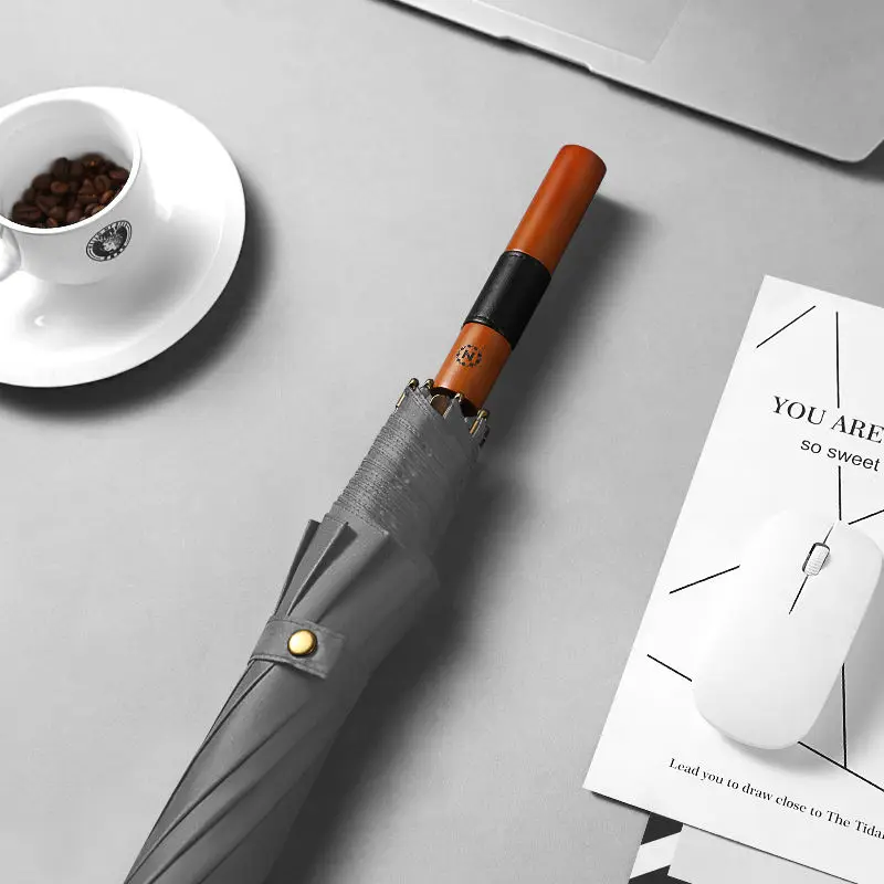 Faux leather Classic Wooden handle auto open long umbrella cheap black large golf umbrella with logo