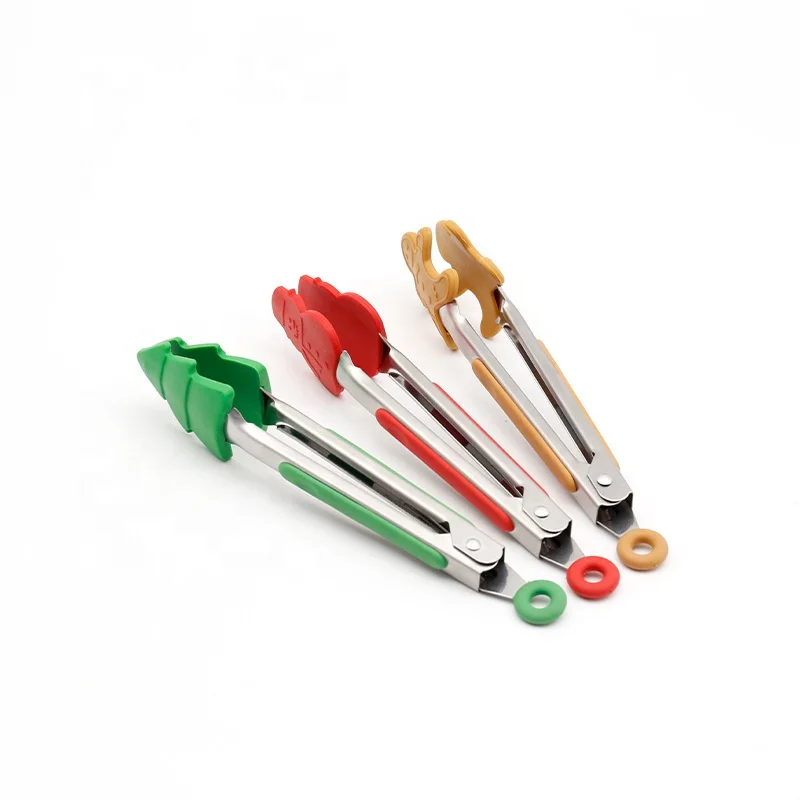 Fancy Silicone Christmas Pattern Chuck Food Tongs Stainless Steel Tongs Baking Clip Kitchen Tools Barbecue Utensils