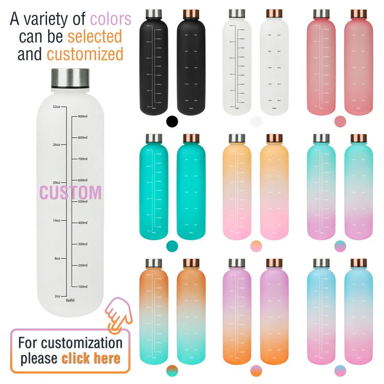 K & B 1L Large Capacity Plastic Gym Water Bottle Custom Matte Sport Water Bottle With Time Marker