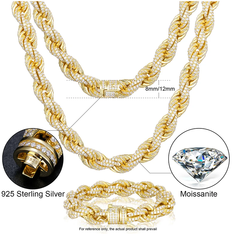 Dropshipping Pass Diamond Tester Iced Out Moissanite Rope Chain 925 Sterling Silver Lab Gemstone Twist Necklace For Men