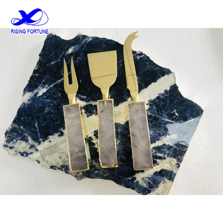 Set of 3 gold rose quartz cheese knives/spreaders