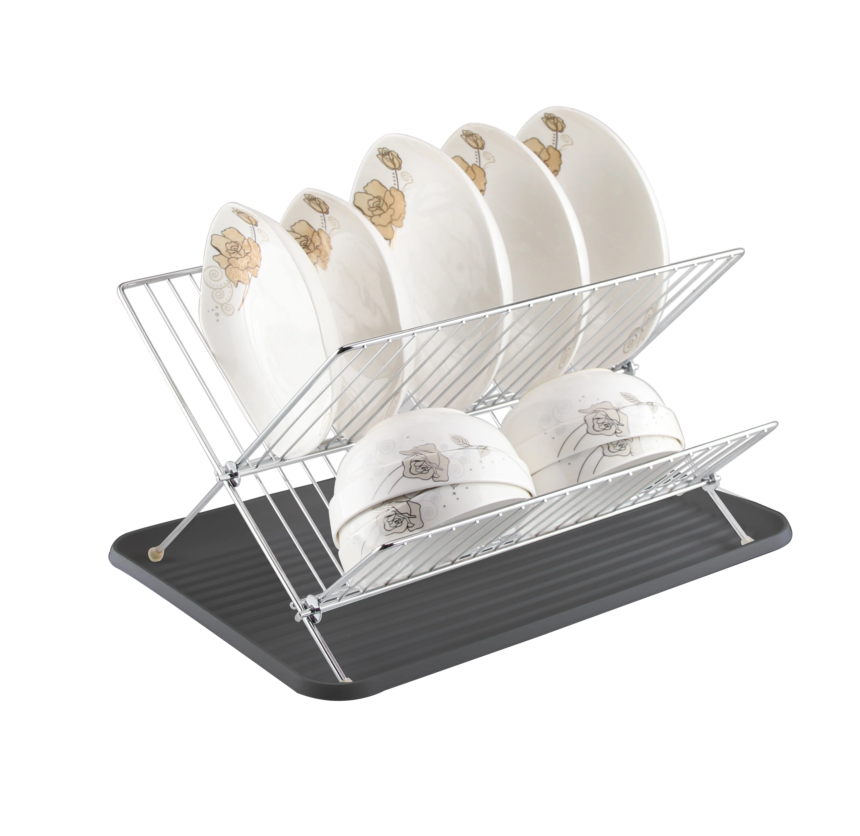 Kitchen Folding Dish Rack Holder Plate Storage Chrome Plate  Detachable Organization with Drain Tray
