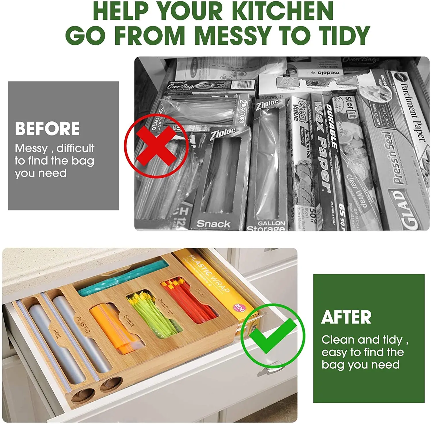 Customizable Kitchen 6 In1  Wooden Drawer With Plastic Foil Wrap Dispenser Holder Bamboo Ziplock Bag Organizer