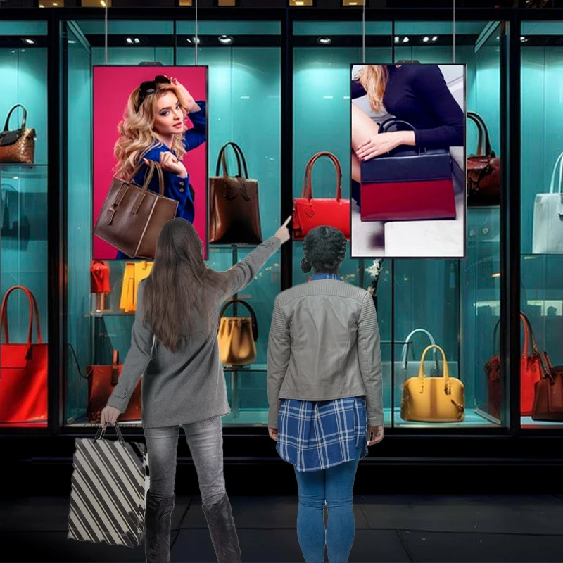 High brightness 43/49/55 inch ultra thin shop window display digital advertising window hanging fashion store lcd display