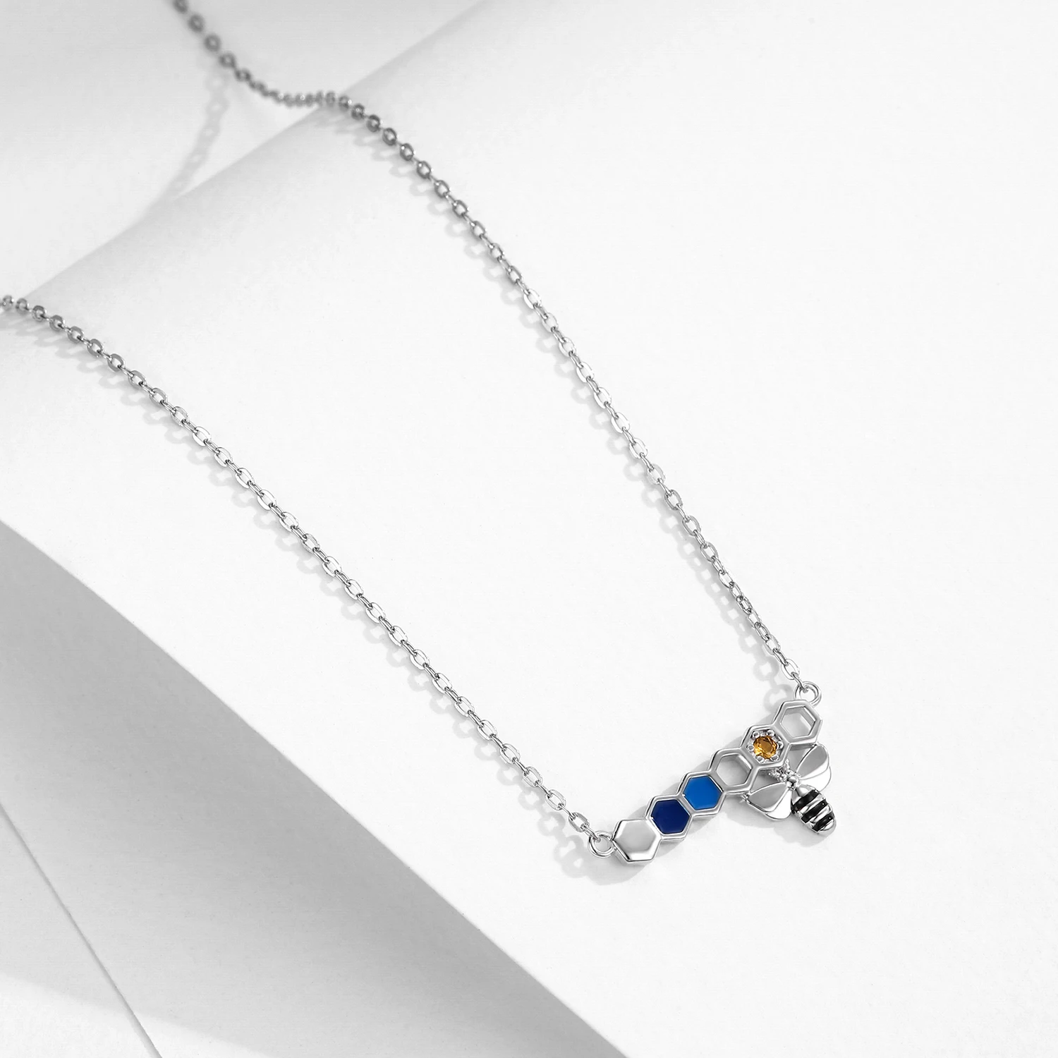 925 Sterling Silver Original Cute Rainbow Color Honeycomb Bee Link Chain CZ Pendant Necklace For Women Fine Jewelry