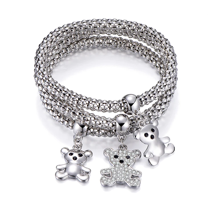 Minimalist Lucky Girl Bracelet Lovely Bear Elastic Popcorn Chain Bracelet Cute Crystal Bear Charm Bracelets
