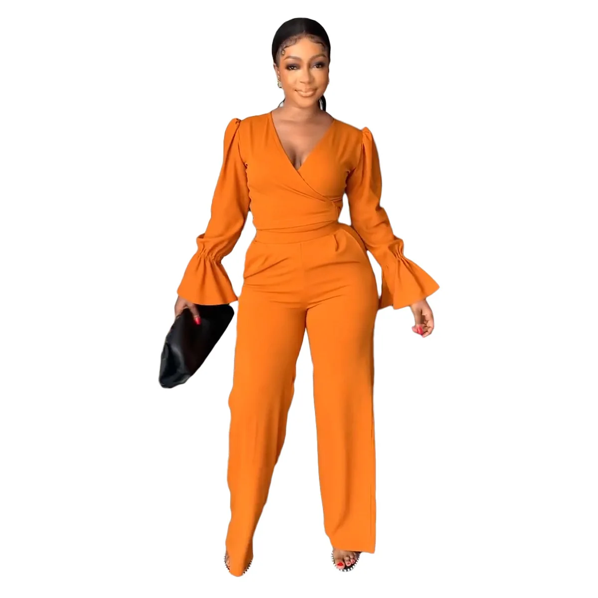BOBOYU fall 2022 new arrivals elegant two piece pants set flare sleeve v neck crop top women wide leg pants classy two piece set