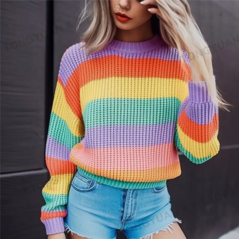Custom Knit Sweater Casual Rainbow Striped Knitted Pullover Round Neck Ribbed Oversized Sweater For Women