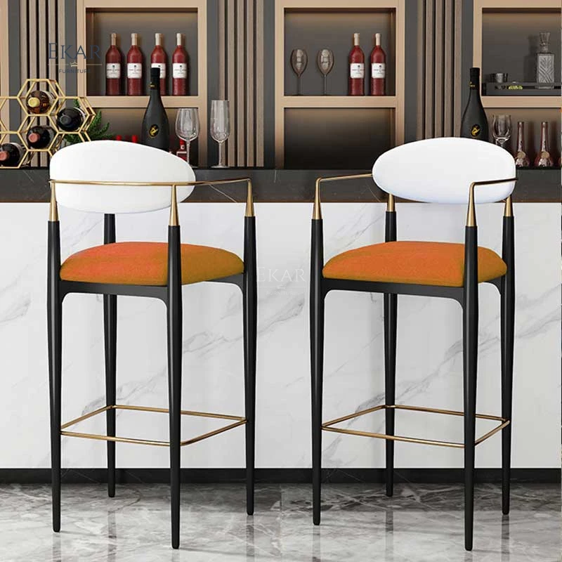 Ekar Furniture Wholesale Luxury Cafe Gold Gilt Metal orange Fabric High Standing Bar Stool Chairs