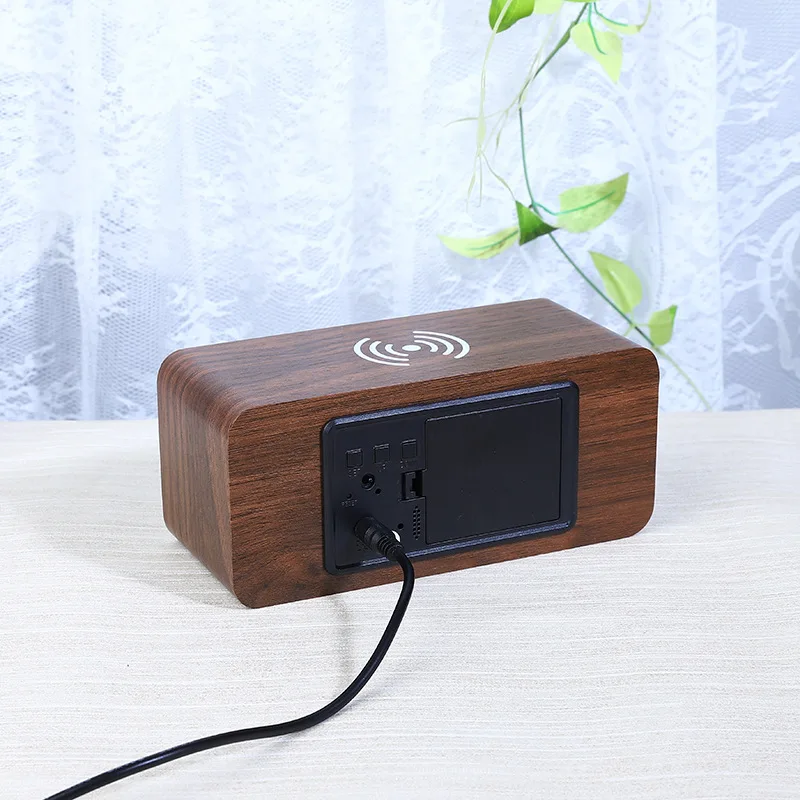 Product wooden alarm clock wireless charger FM radio alarm clock wood phone  wireless charger alarm clock