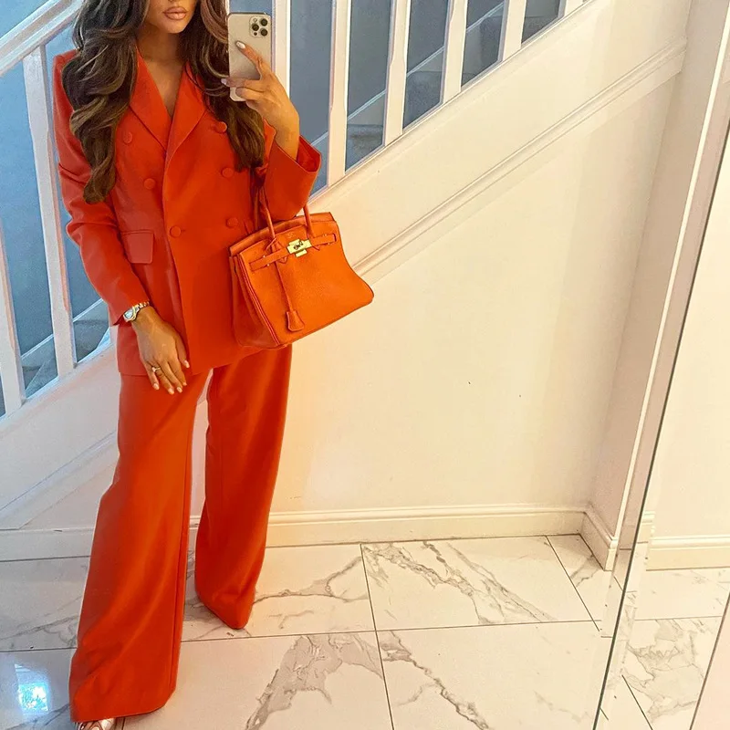 2022 Autumn Hot Sale Outfit Fashion Solid Color Blazer with wide Leg Pants Two Pieces Sets Long Sleeved Ol Women Suits