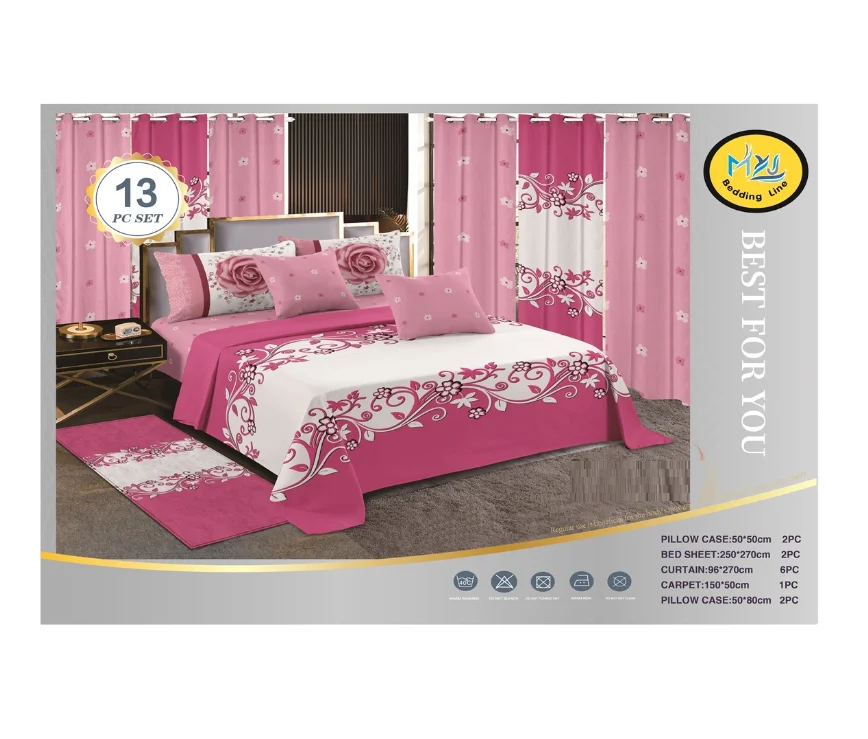 African Style Pink Flower Printed 13PCS Flat Sheet and Curtain Set