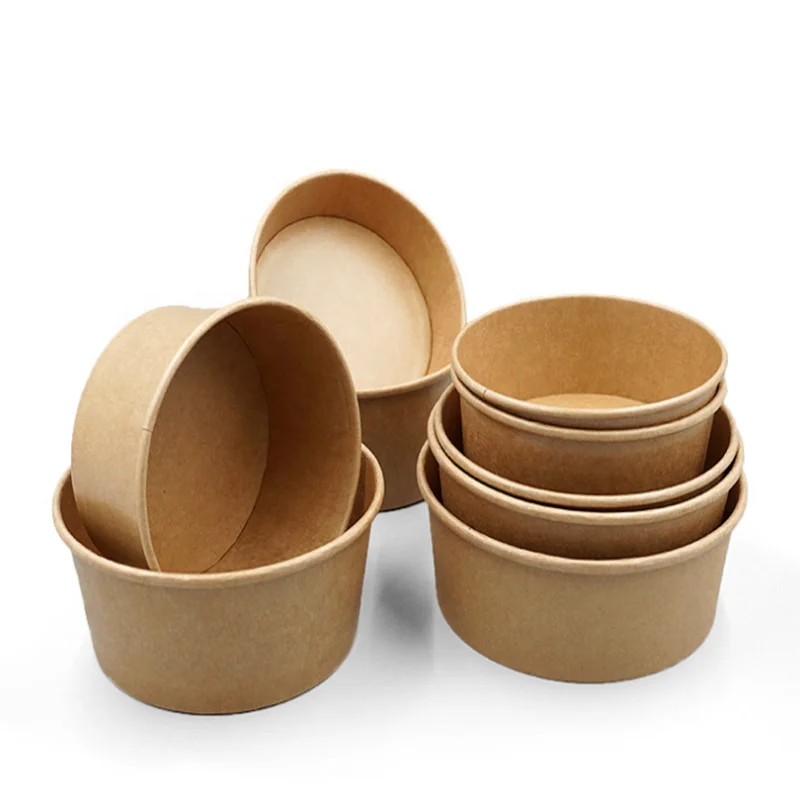 Biodegradable Disposable Take away Round Container Eco-Friendly Take Away Salad Fast Food Kraft Paper Packaging Bowl With Lid