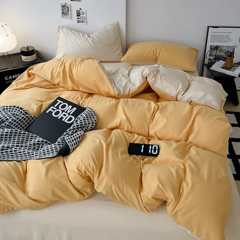 Pure color Wholesale washed cotton bed four-piece set Japanese-style plaid brushed bed sheet quilt cover three-piece