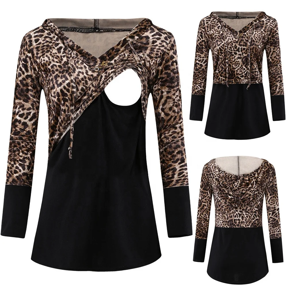 Женский топ для кормящих матерей, свитшот с длинным рукавом, пуловер с леопардовым принтом, рубашка для кормления грудью, толстовка