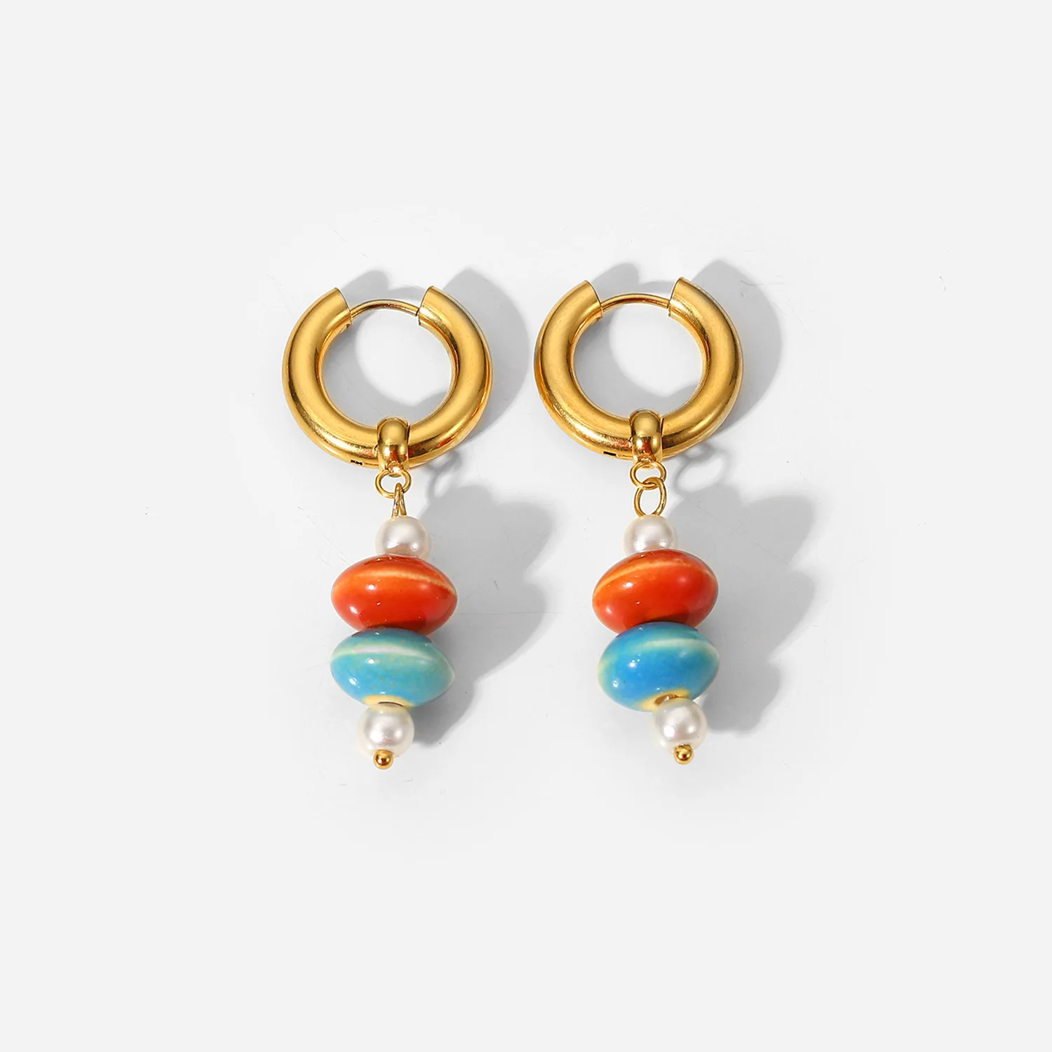 New French Court Style Color Ceramic Bead Hoop Women Gift Stainless Steel Gold Plated Pendant Earrings
