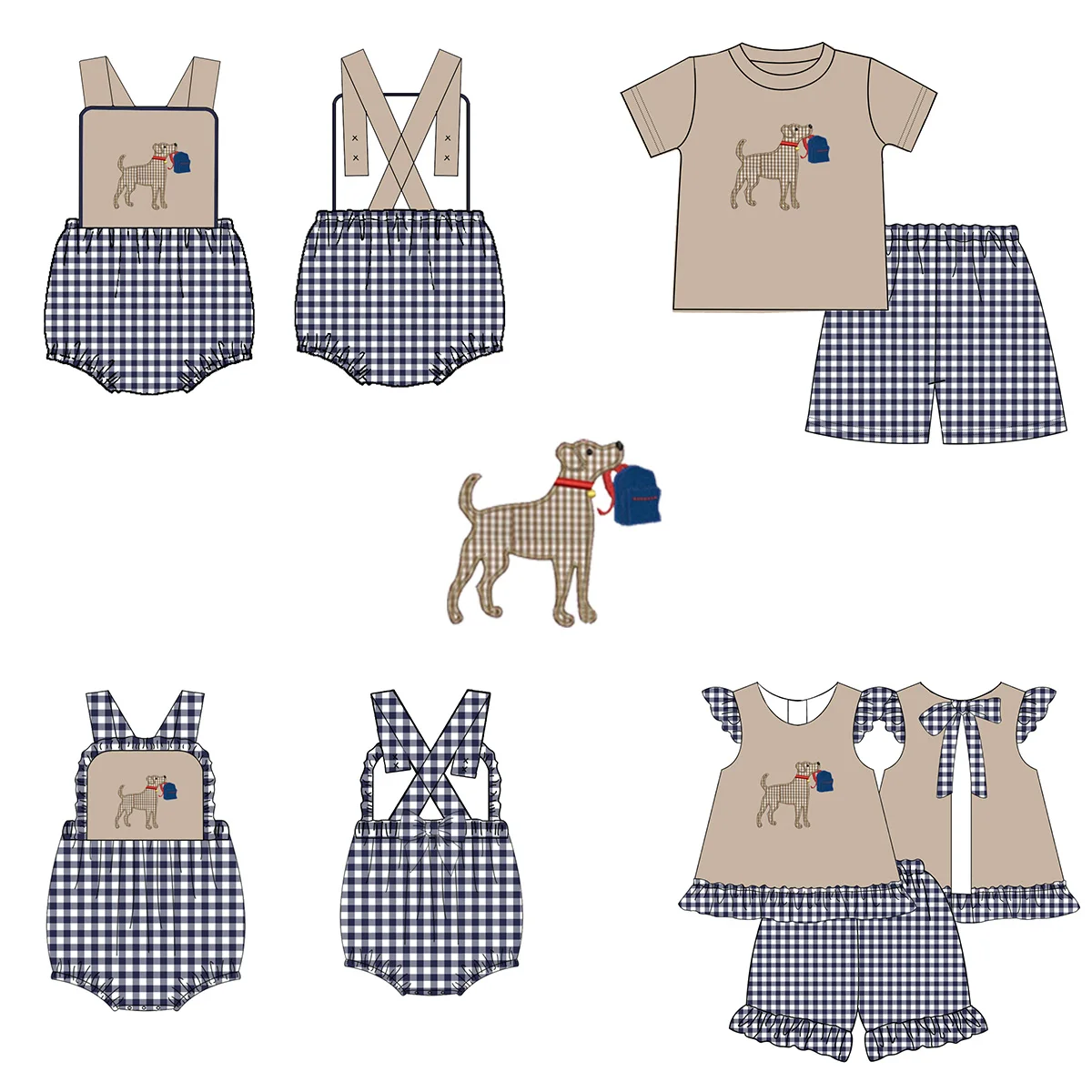 Online customization 1-14 years summer two piece clothes lovely bee applique yellow gingham seersucker boy outfits