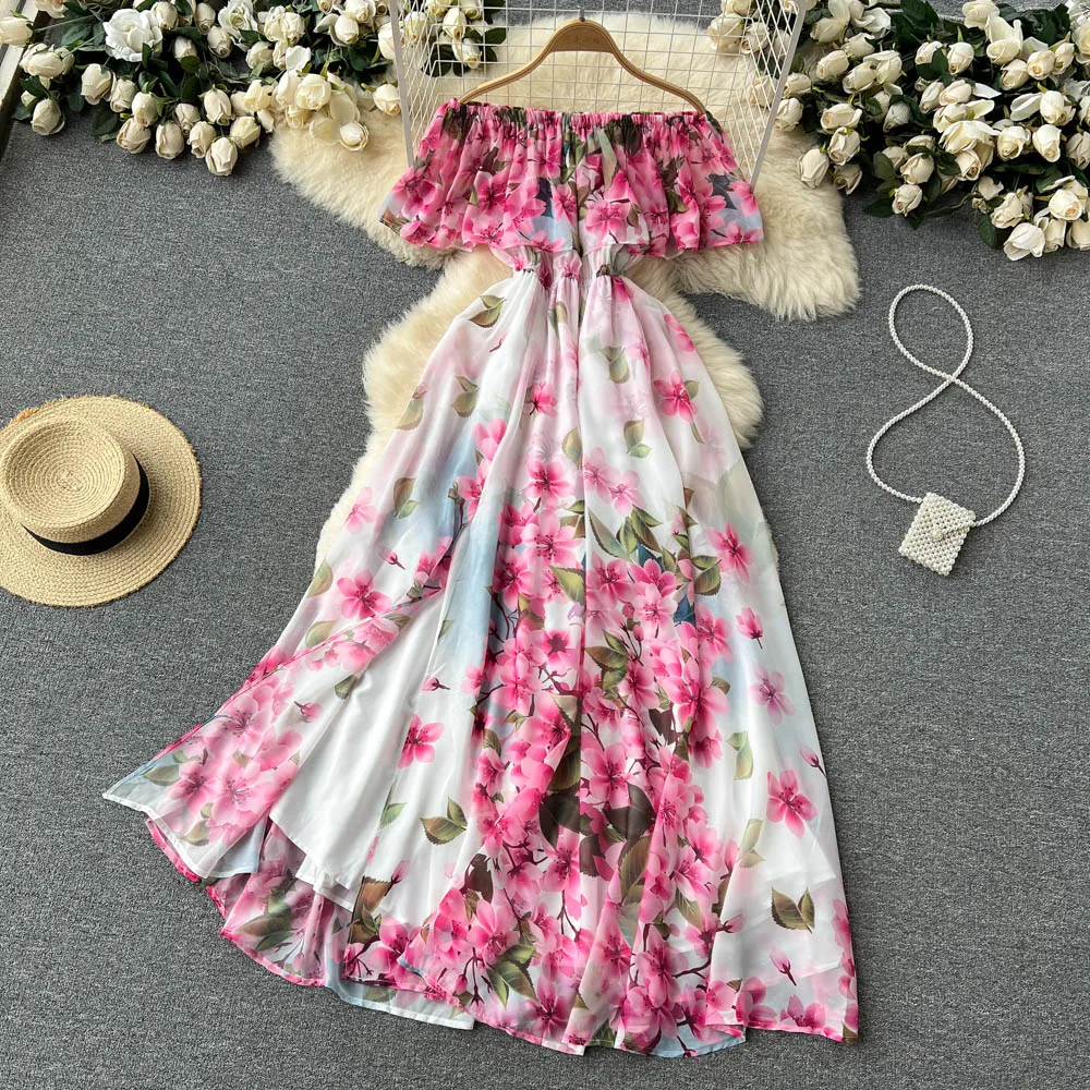 Custom full-length  floral print gown skirt off shoulder lady chiffon dress