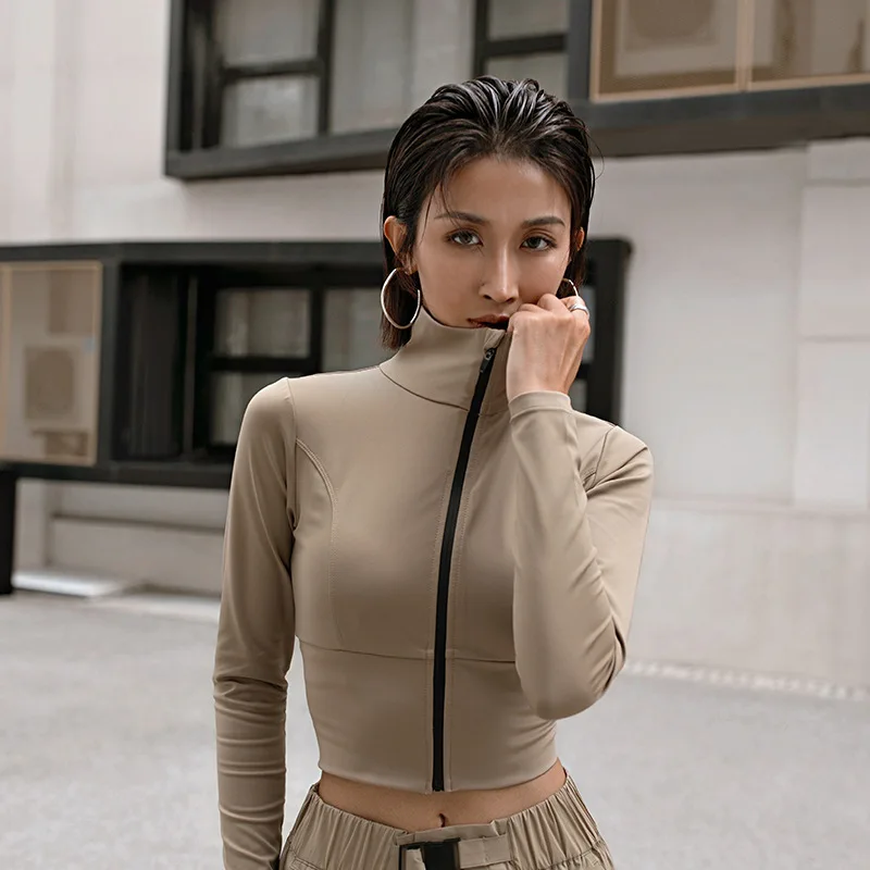 Fall sexy womens sport wear black gym outfit coat zip up yoga short jacket collar fitness