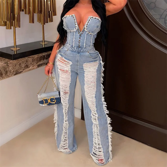 Hot Sale 2023 One Piece Women Strapless Jeans jumpsuits Y2K  Sexy Hollow Out  Tassel Blue Washed Denim  Jumpsuit