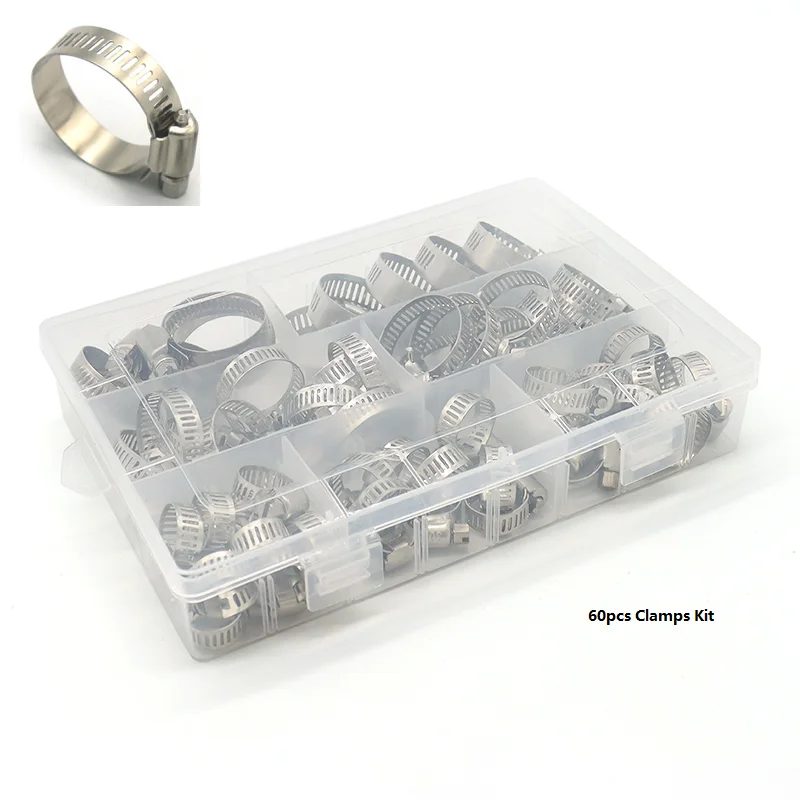 60pcs Clamps Kit 304 Steel Pipe Fixing With 7 Different Sizes Adjustable 8-38mm Worm Gear Clamps Fuel Pipe Clamping