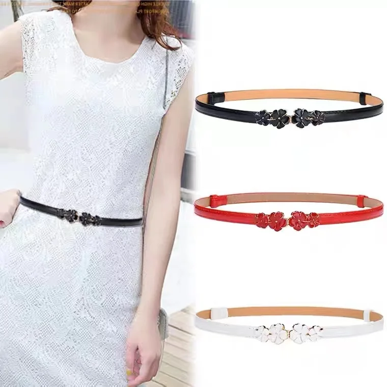 Skinny PU Leather Adjustable Dripping-oil Metal Buckle Flower Waist Belt For Women