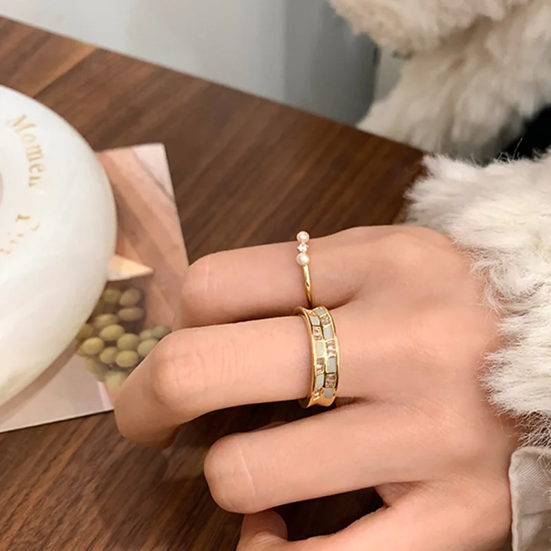 Vershal C4-183 18K Gold Plated New Arrival Fashion Pearl Zircon Minimalist Adjustable Open Ring