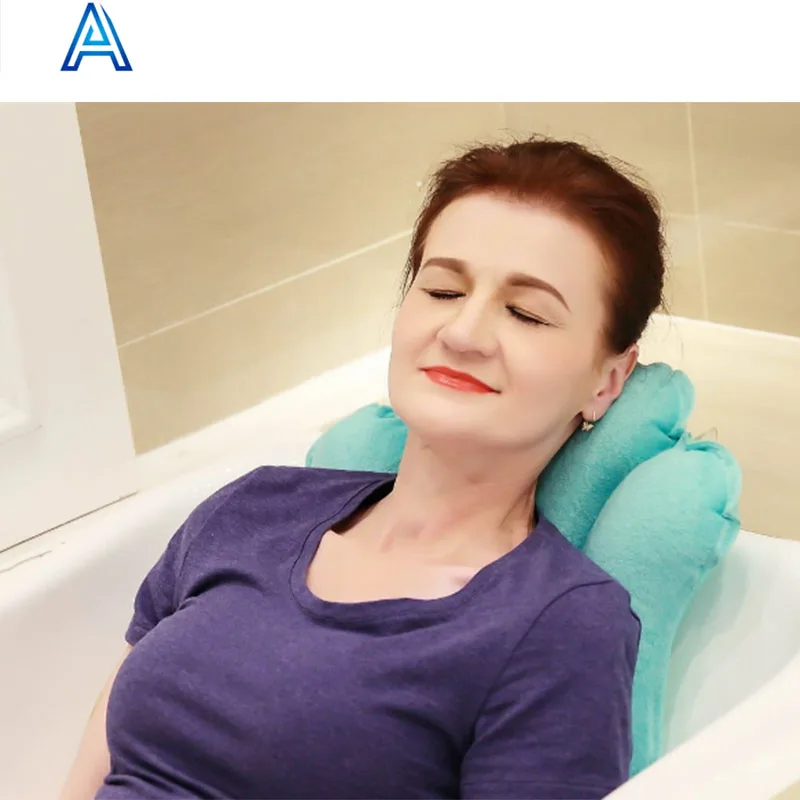 Cozy flocking vinyl PVC air blow inflatable fan shape back rest pillow for bathtub pillow bath shower pillow