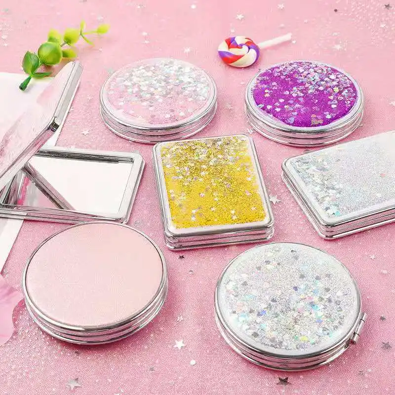 Custom Logo Mini Small Quicksand Mirror 5 Colors Round Square Glitter Pocket Makeup Mirror