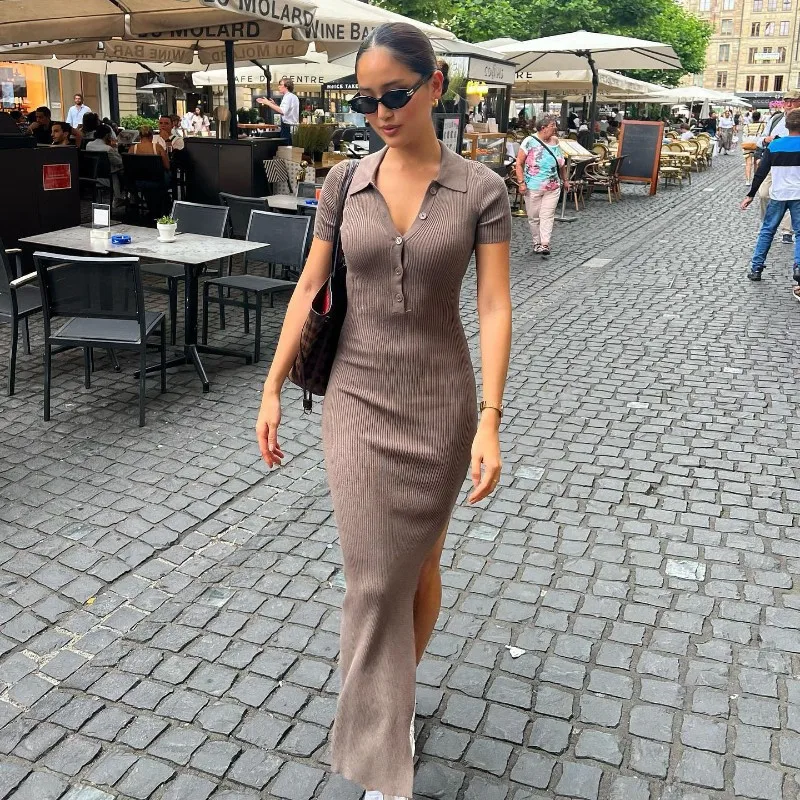 Y45142 new casual rib knit polo neck women long dresses