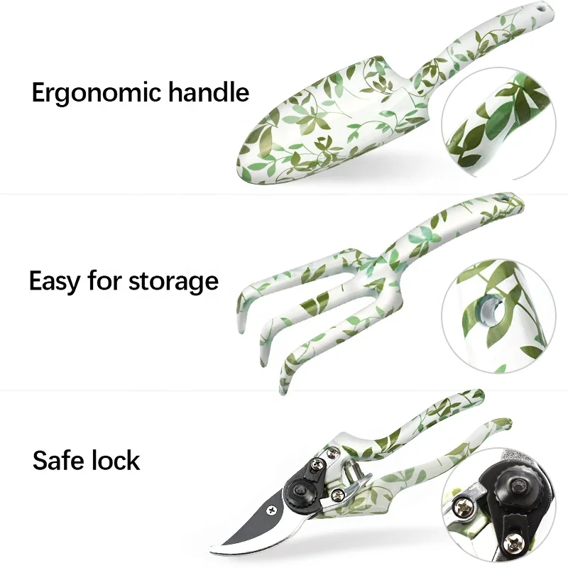 Woman Aluminium Metal Floral Printed Garden Hand Tools Set With Trowel Fork And Pruner as a Nice Gardening Gift  for women